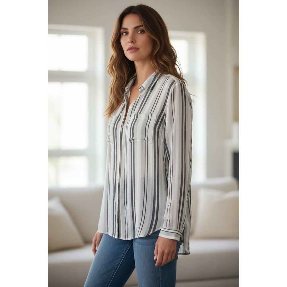 NWT Lucky Brand Women's M Striped Cotton Boyfriend Button Down Shirt Minimalist